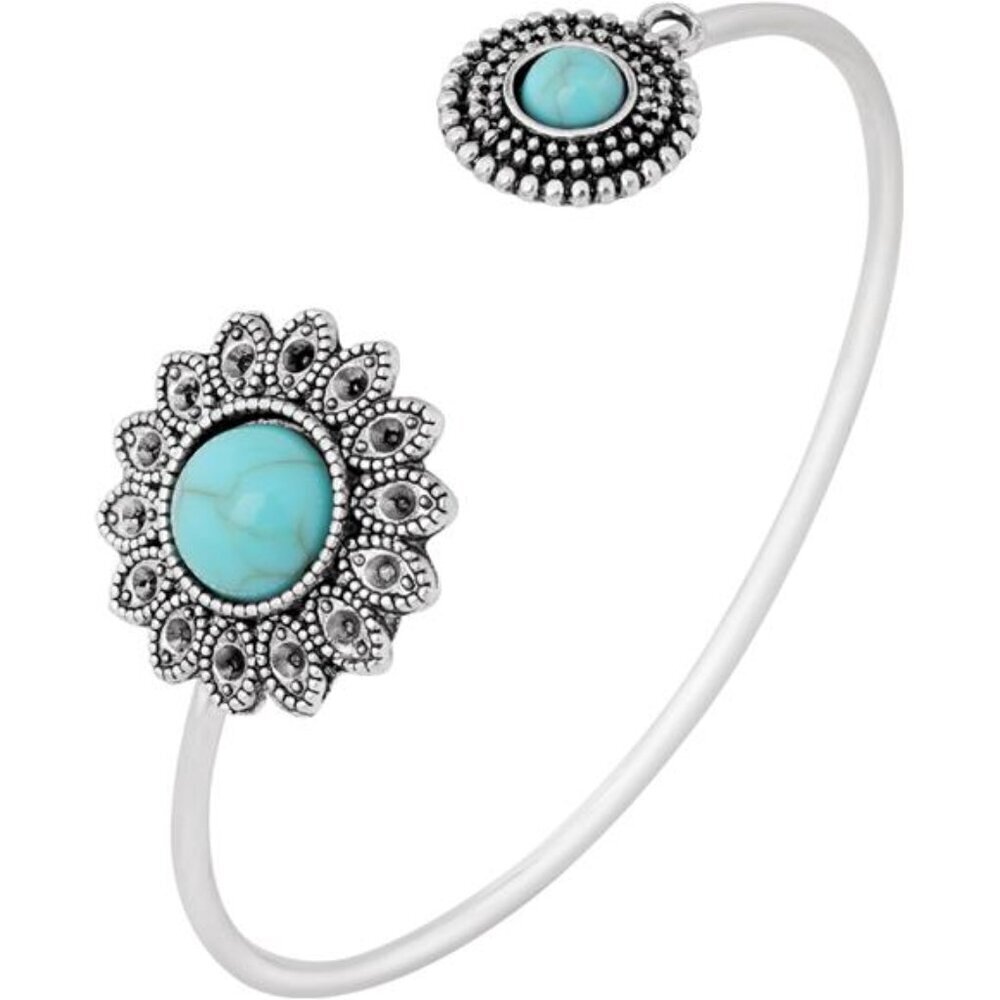Bohemian Created Turquoise Flower Bangle Bracelet, Stainless Steel Open Bangle